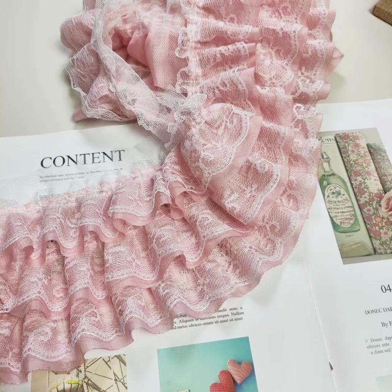 Tres capas de gasa plisada 3D con encaje bordado DIY para puños de vestido de niña, dobladillo de falda, ribete esponjoso para funda de sofá, accesorios de costura