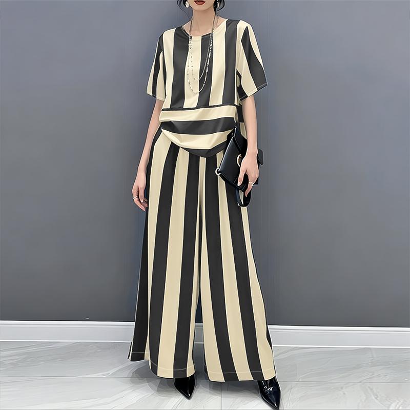 ZANZEA Women Short Sleeve Blouse and Pants Stripe Print Two Piece Suit Sets S чёрный