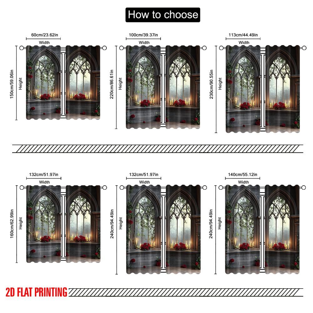 2D flat printing 2pcs Window Curtains Gothic Red Rose Flowers Polyester  Without Electricity Festive Backdrops Suitable for