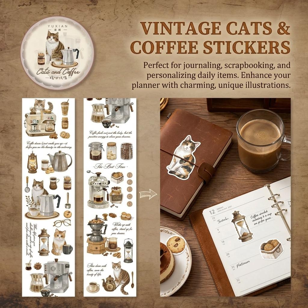 Washi Tape Retro Coffee Cat Pattern 5cmx2m for Journal Decoration Scrapbooking and DIY Crafts