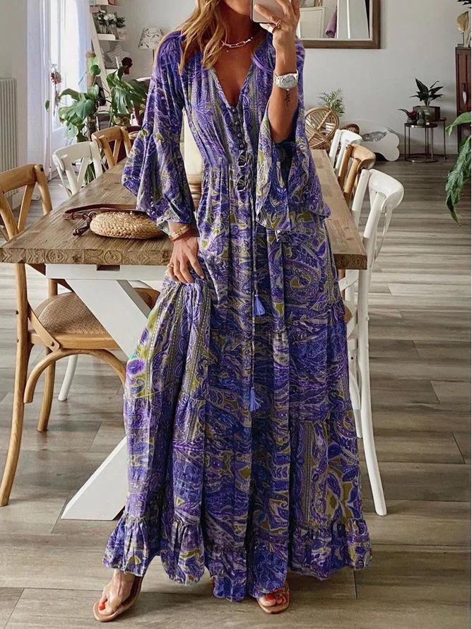 2023 Bohemian Style V-Neck Bell Sleeve High Waist Floral Vacation Dress for Women