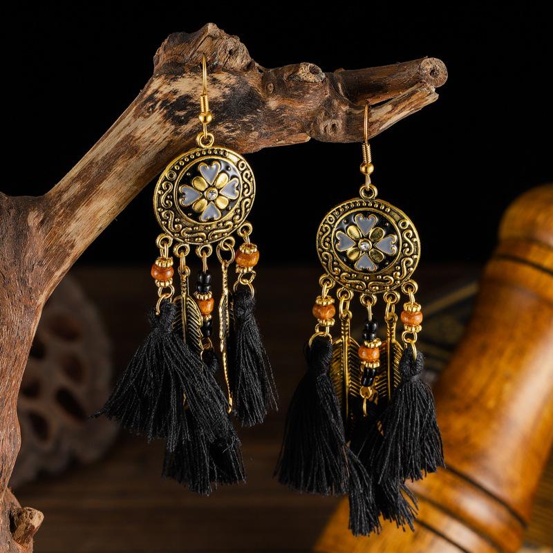 Bohemian Leaf Tassel Earrings for Women Vintage Round Wood Bead Antique Gold Color Alloy Earrings Vacation Party Wedding Jewelry