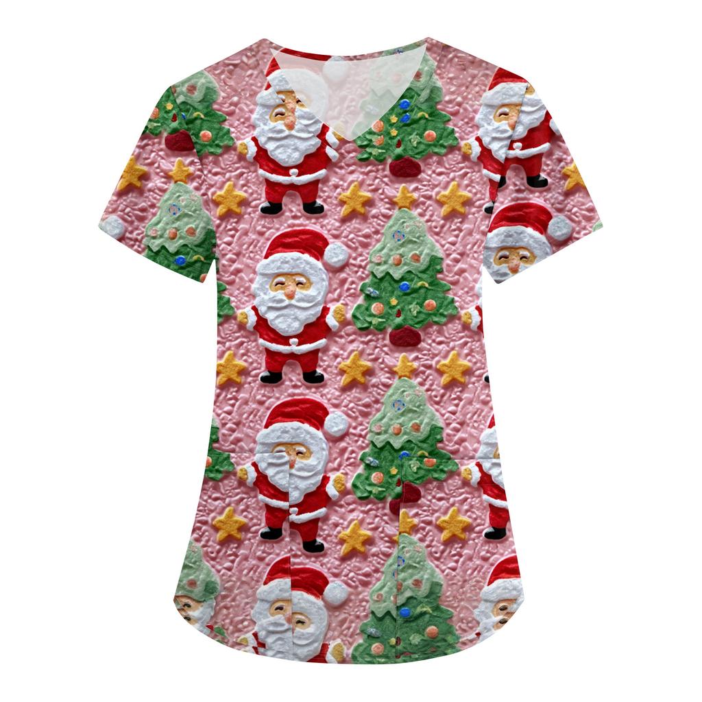 Women's Fashion V-Neck Short Sleeve Overalls With Pockets Christmas Printed Tops  Clothes