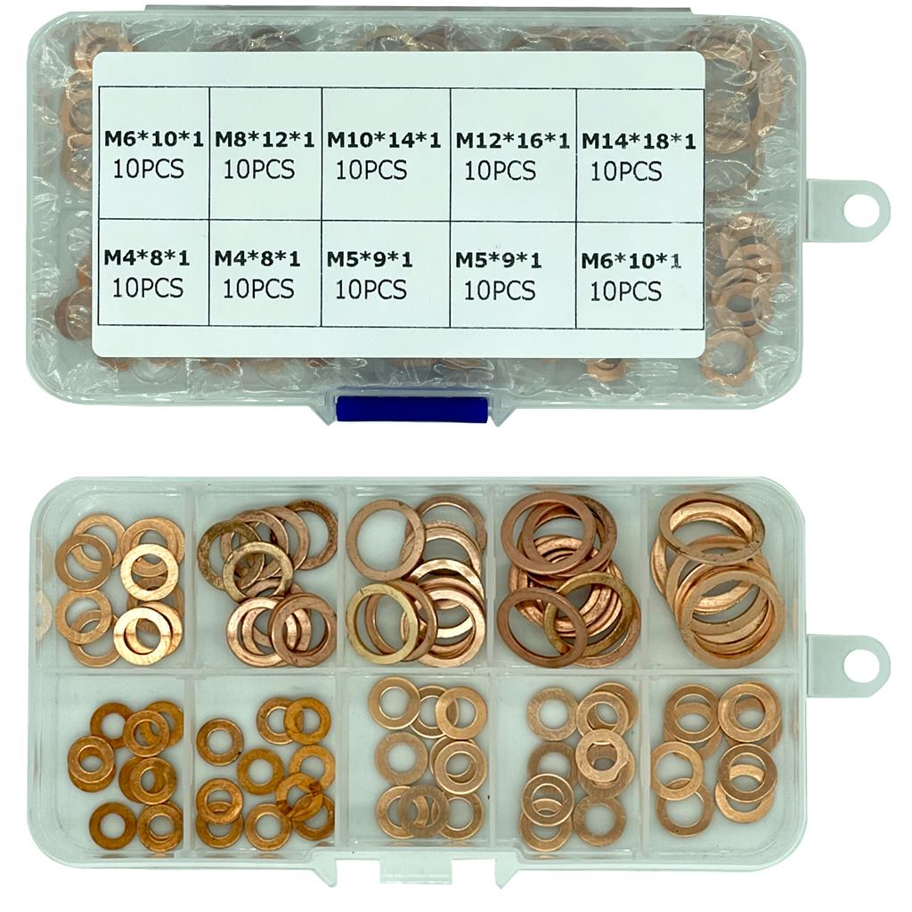 100 Stück Kupfer Unterlegscheibe Dichtung Mutter und Schraube Set Flacher Ring Dichtung Sortimentskasten mit Box M4/M5/M6/M8/M10/M12/M14 für Ölablassschrauben