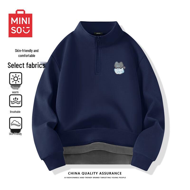 MINISO Men's Half-Zip Stand Collar Fleece-Lined Sweatshirt with Ice Cube Cat Logo