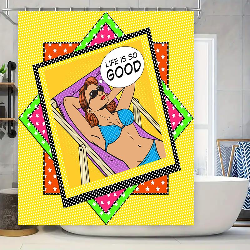 

Pop Art Shower Curtain Life Is So Good Lady Lounging In Pool Float Decorative Vintage Print Bathroom Liner (Yellow) W60H190(CM)-1 Pcs