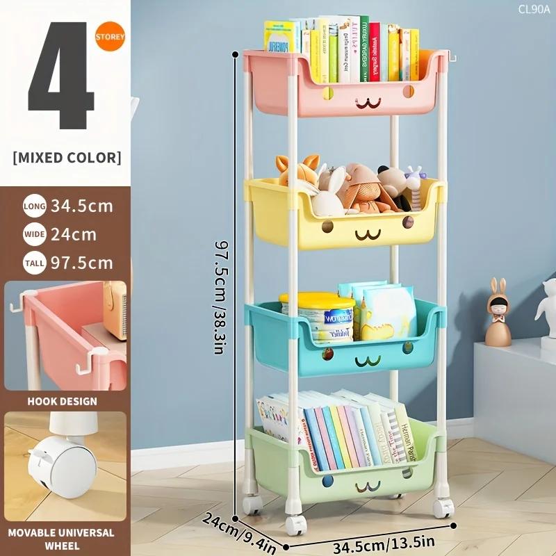 Für Wohnzimmer im Haushalt Mehrschichtiger Cartoon Smiley Beweglicher Wagen Bodenregale Kinderspielzeug Snacks Büchertaschen Organisieren R