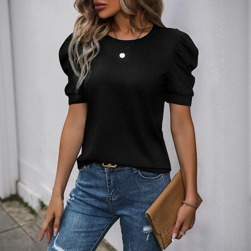 Women Casual Summer Solid Round Neck Puff Sleeve T Shirt