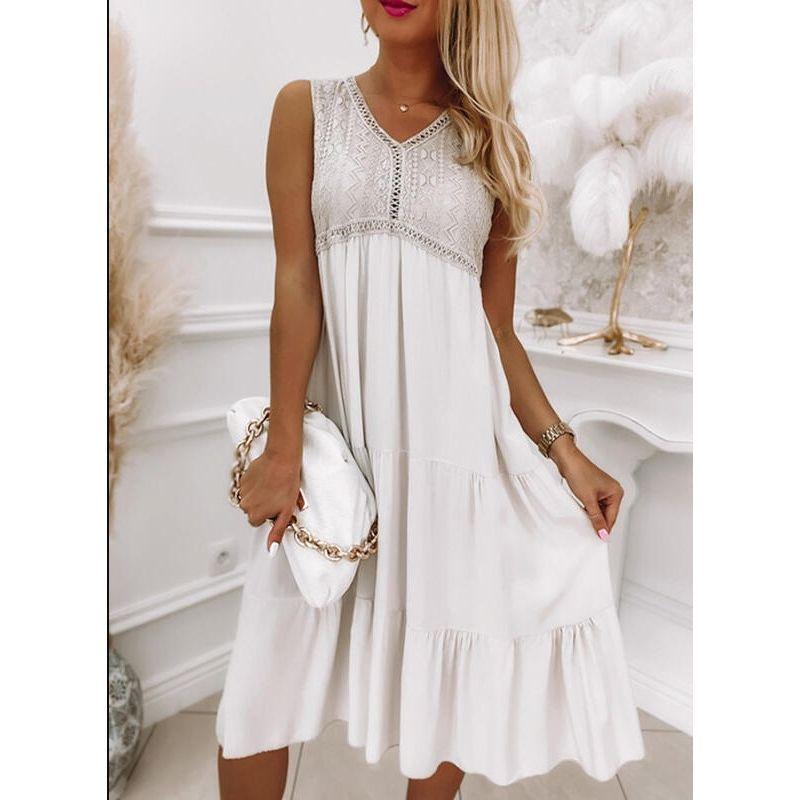 

Cross-Border Independent Station Amazon New Fashion Wind Fashion Elegant Summer Sleeveless Lace Patchwork Loose Dress White S