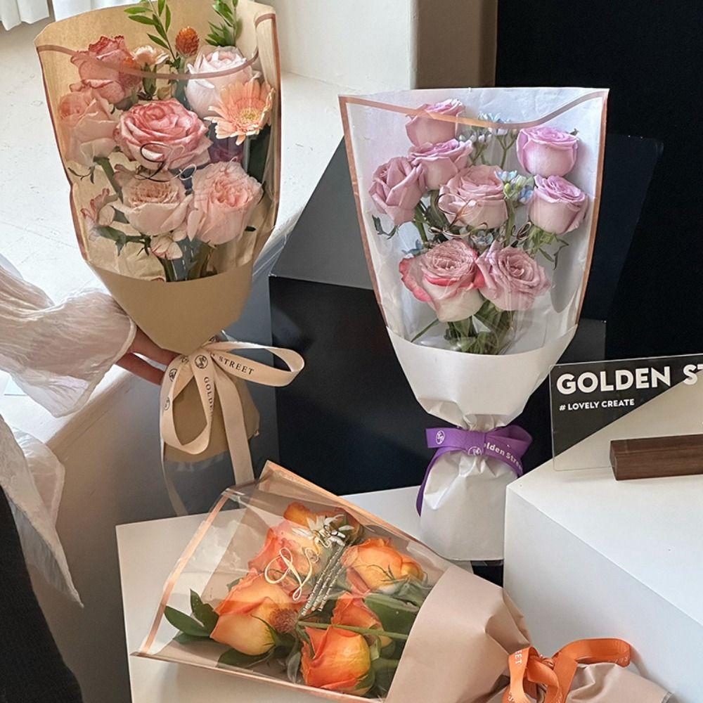 20PCS Hot Stamping Foil Bouquet Packing Bag Plastic Rose Wrapping Bag Flower Packaging Bag