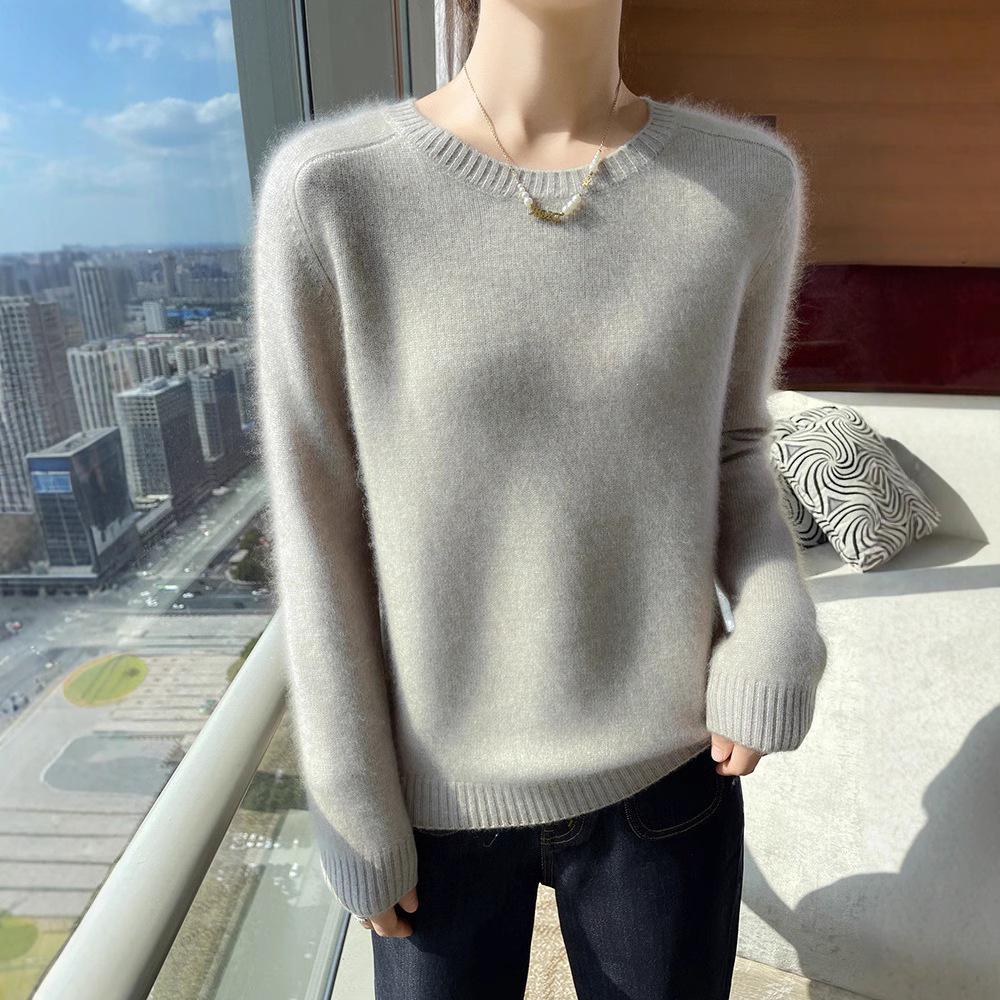 Double-Strand Thickened Cashmere Women's Long Sleeve Sweater - Plain Color, Round Neck, Autumn/Winter Base Layer.