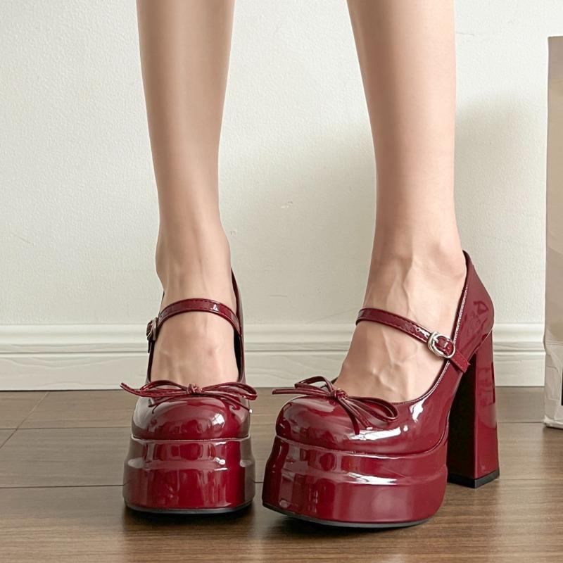 Fashion Super High Heel Mary Jane Shoes Women's Retro Round Toe Shallow Mouth Bow Platform One Strap Block Heel Single Shoes