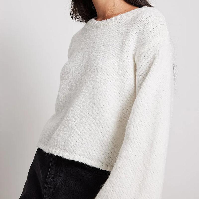 Round Neck Long Sleeve Backless Lace-up Sexy Sweater Women Knitted Loose Women s Top Pullover New Autumn Winter Casual Solid Color Short Blouse L белый 1980₽