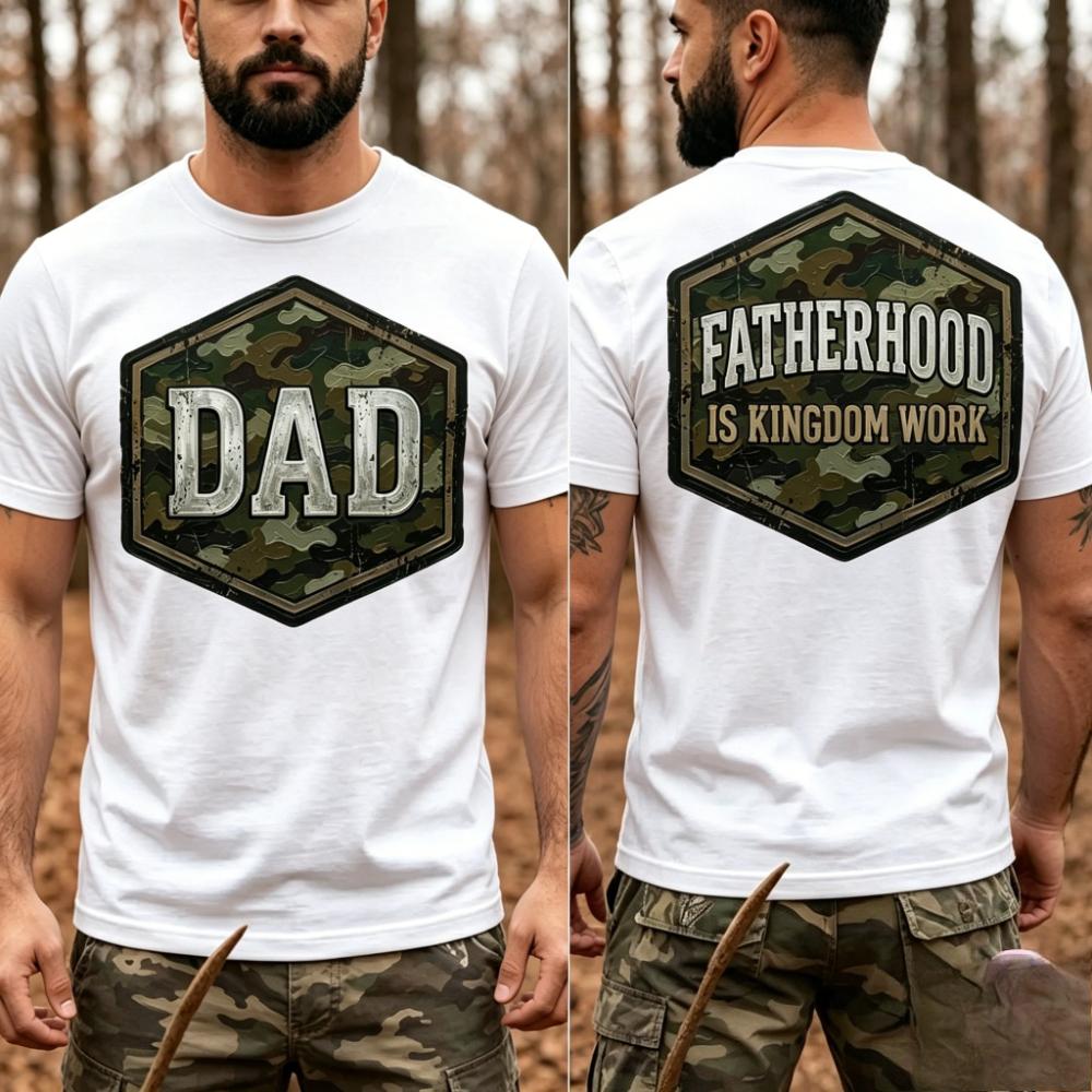 Dad Fatherhood Is Kingdom Work Camo T-Shirt Vintage Duplex Printing Men Cotton Shirt Father's