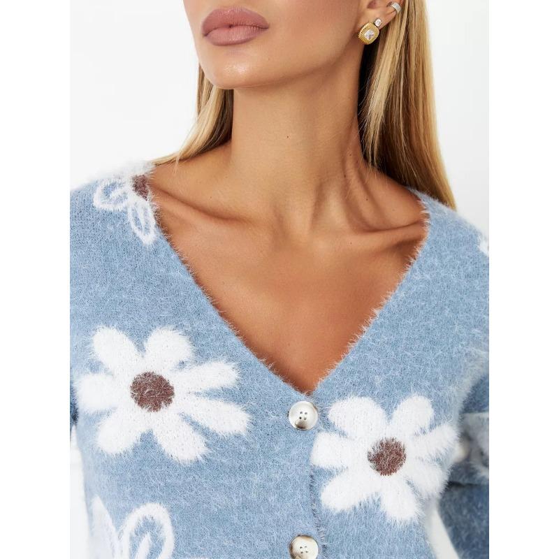 Damen Cropped Floral Jacquard V-Ausschnitt Dickstrick Cardigan Pullover Oberbekleidung