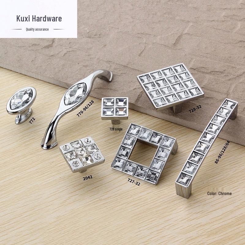 Modern Chrome Crystal and Diamond Inlaid Zinc Alloy European Style Cabinet Drawer Handle 728-Single Hole