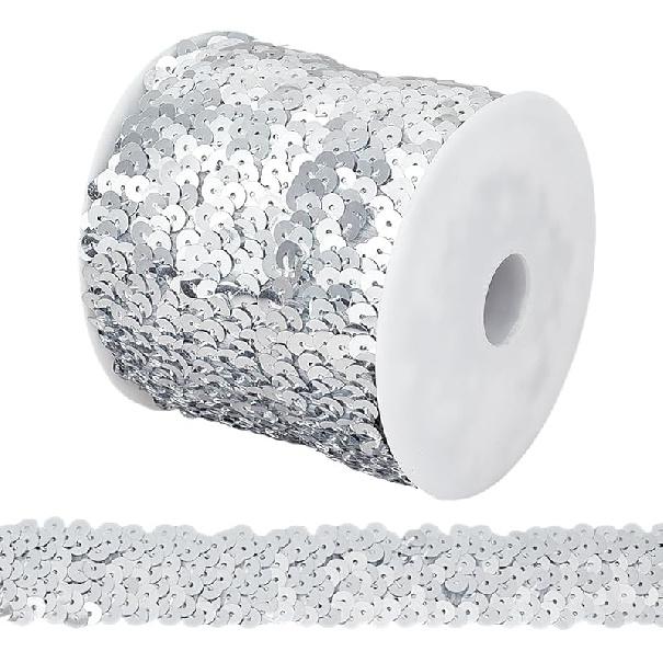 

OLYCRAFT 11-Yard Elastic Sequin Trim Metallic Gold Stretch Sequin Trim 3-Row Fabric Paillette Ribbon for Dress Embellish and Headband срібний