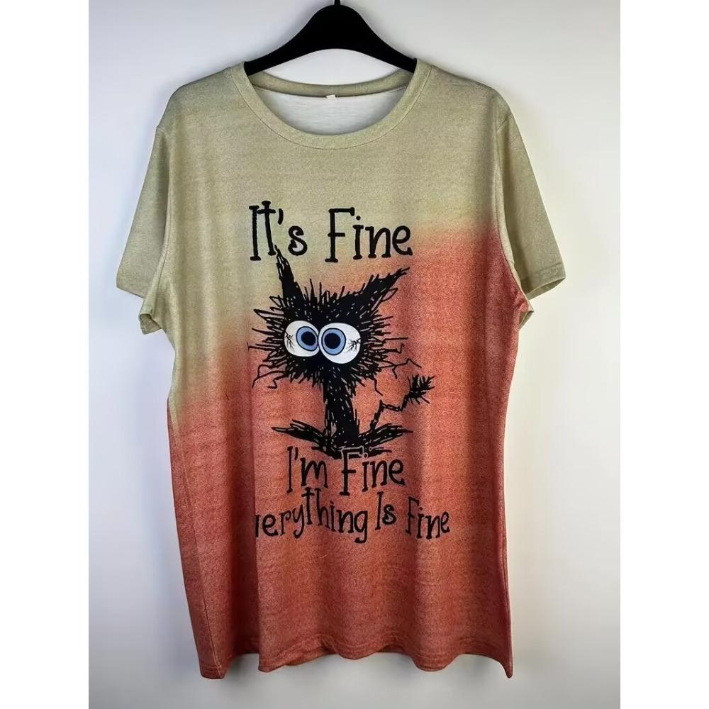 Casual Gradient Cat Print Crew Neck T-Shirt Women Short Sleeve Summer Daily Wear Cute Graphic Top