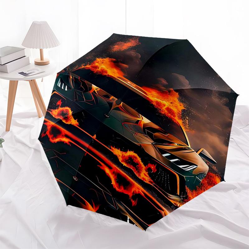 Flaming Car, Digital Art Themed Automatic Opening and Closing Umbrella, Compact Travel Umbrella, Lightweight and Portable, Suitable for Beac