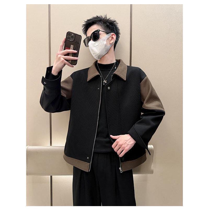 European & American Men's Patchwork Color Block Jacket - Rebellious Lapel Casual Winter Fashion 2025