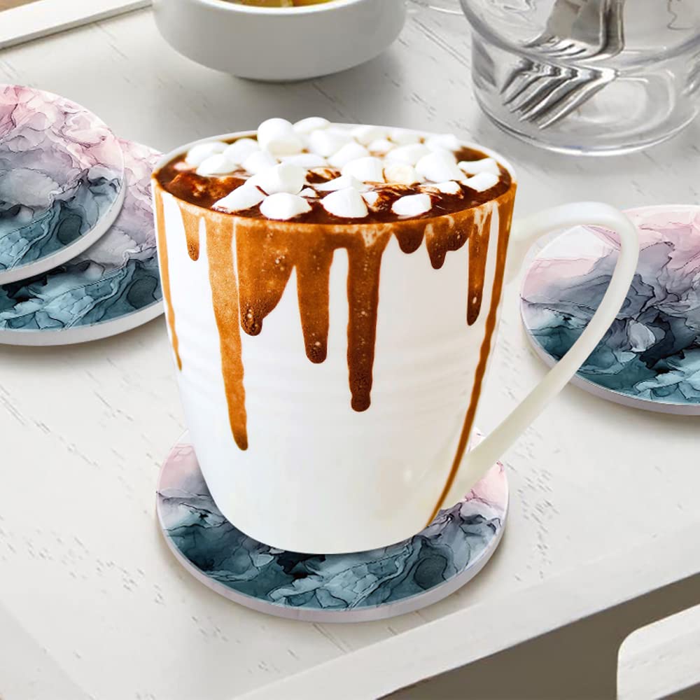 HAOCOO Stilvolle Keramik-Untersetzer mit Marmormuster und Korkrückseite, Rund, 4er-Set, für Tassen und Teetassen, Isolierend, Besser als Kieselgur