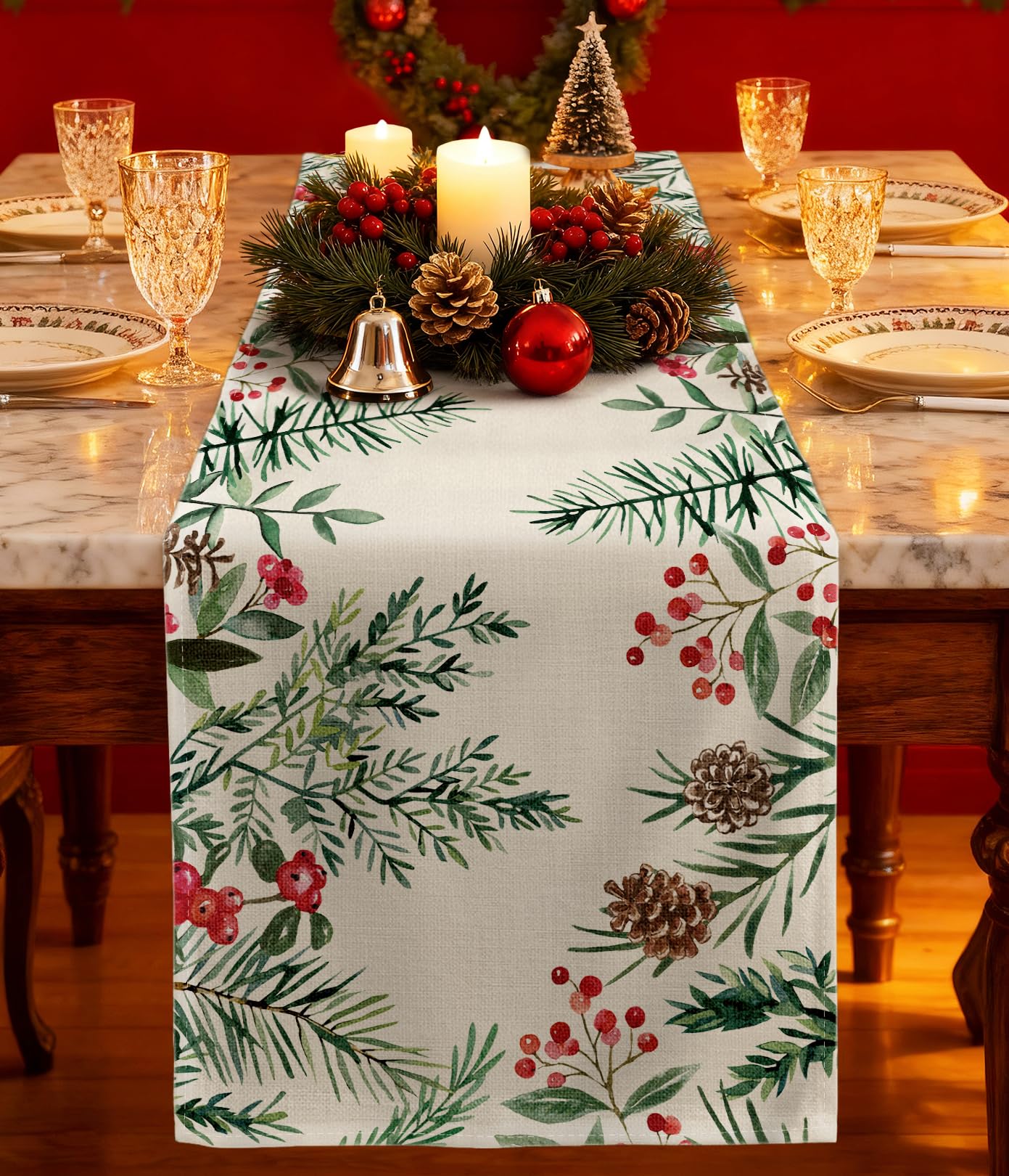 Chemin de table de Noël Baies de houx Aquarelle Chemin de table d'hiver avec houx Pomme de pin Aiguilles Décor de Noël, Décor Rustique Vintage 33x275cm