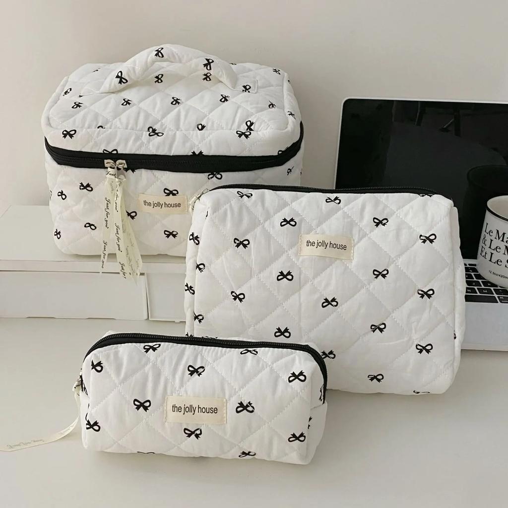 Modische Kirsch-Tragetasche für Damen, Make-up-Tasche, tragbar, niedlich, für Damen, Kosmetiktasche, Toilettenartikel, Handtasche, gesteppte Baumwolle, Reißverschlusstasche