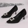2026 New Women High heels Black Square Buckle Pointed Thin Heeled Baotou Banquet High Heeled Shoes Womens Shoes