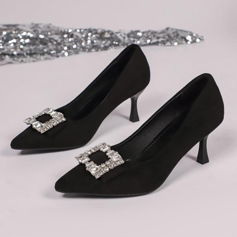 2026 New Women High heels Black Square Buckle Pointed Thin Heeled Baotou Banquet High Heeled Shoes Womens Shoes