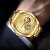Gold Automatic Mechanical Watch for Men Luxury Skeleton Stainless Steel Waterproof Luminous Business Dress Wristwatch