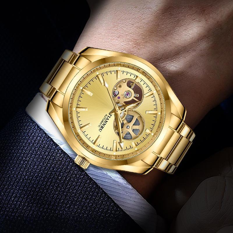 Gold Automatic Mechanical Watch for Men Luxury Skeleton Stainless Steel Waterproof Luminous Business Dress Wristwatch
