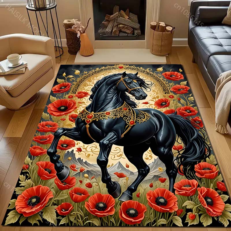 1 Stück Teppich mit Blumen- und Schwarzes-Pferd-Druck für Schlafzimmer, Wohnzimmer, Bettseite, Sofa, Bodenmatte, Moderne Heimdekoration, Bereichsteppich