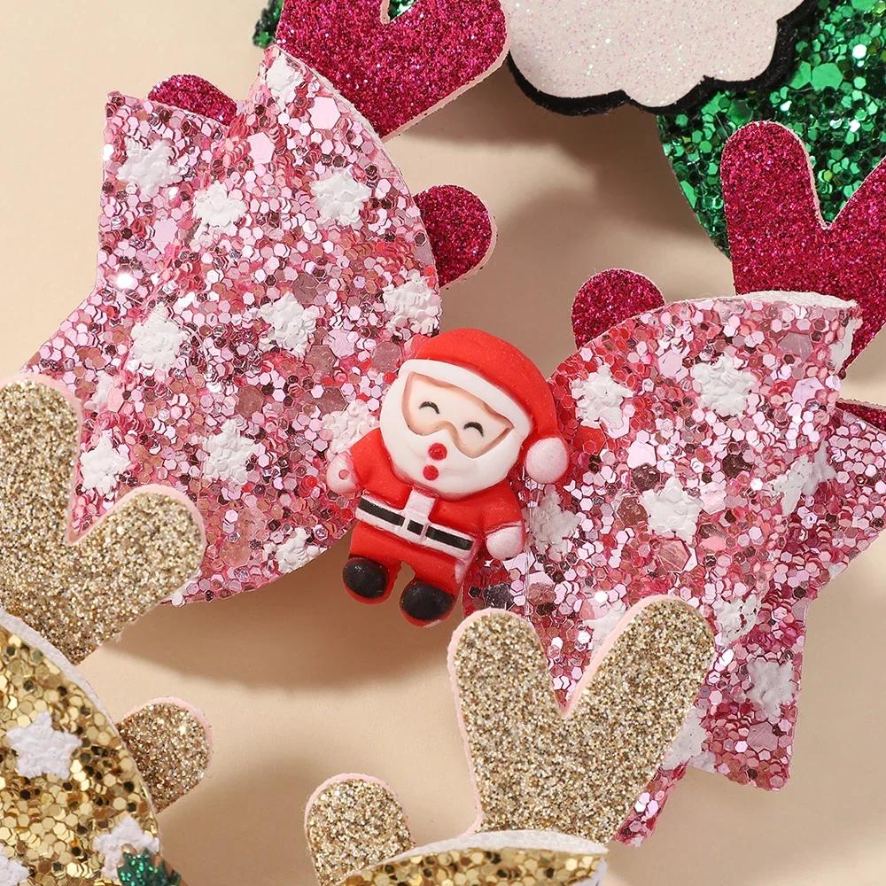 2pcs Glitter Christmas Kids Bows Hairpin for Girls Antlers Printed Fabric Ponytail Clips Christmas Holiday Prom Hair Accessories