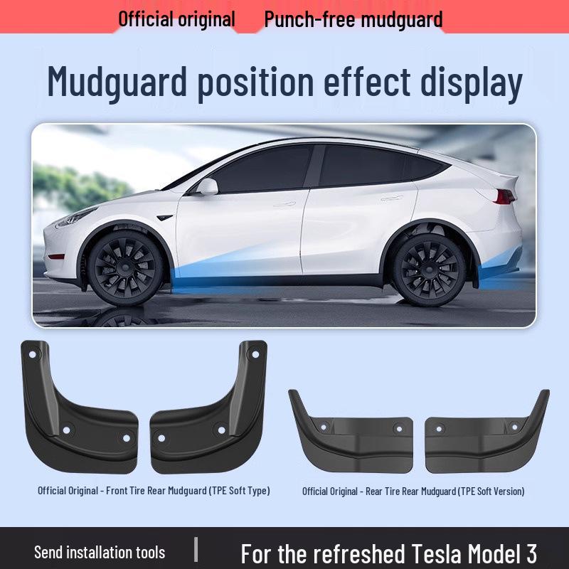 Tesla Model Y/3 Refresh Punch-Free TPE Mudguards - Front & Rear