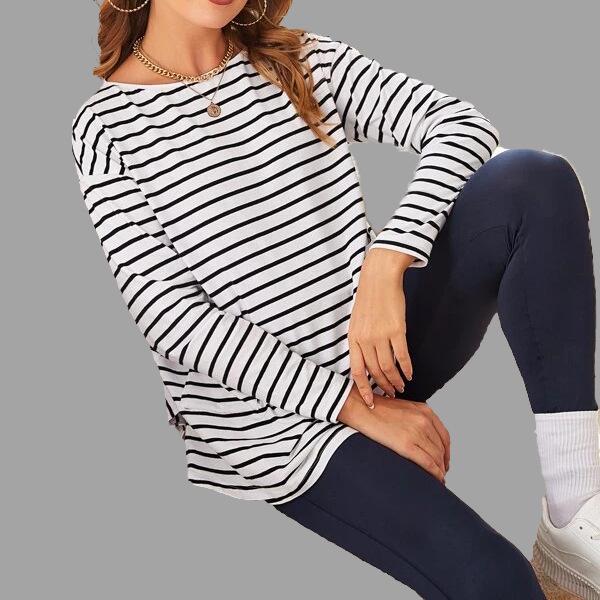 Striped Pocket Round Neck Long Sleeve Maternity Top for Women