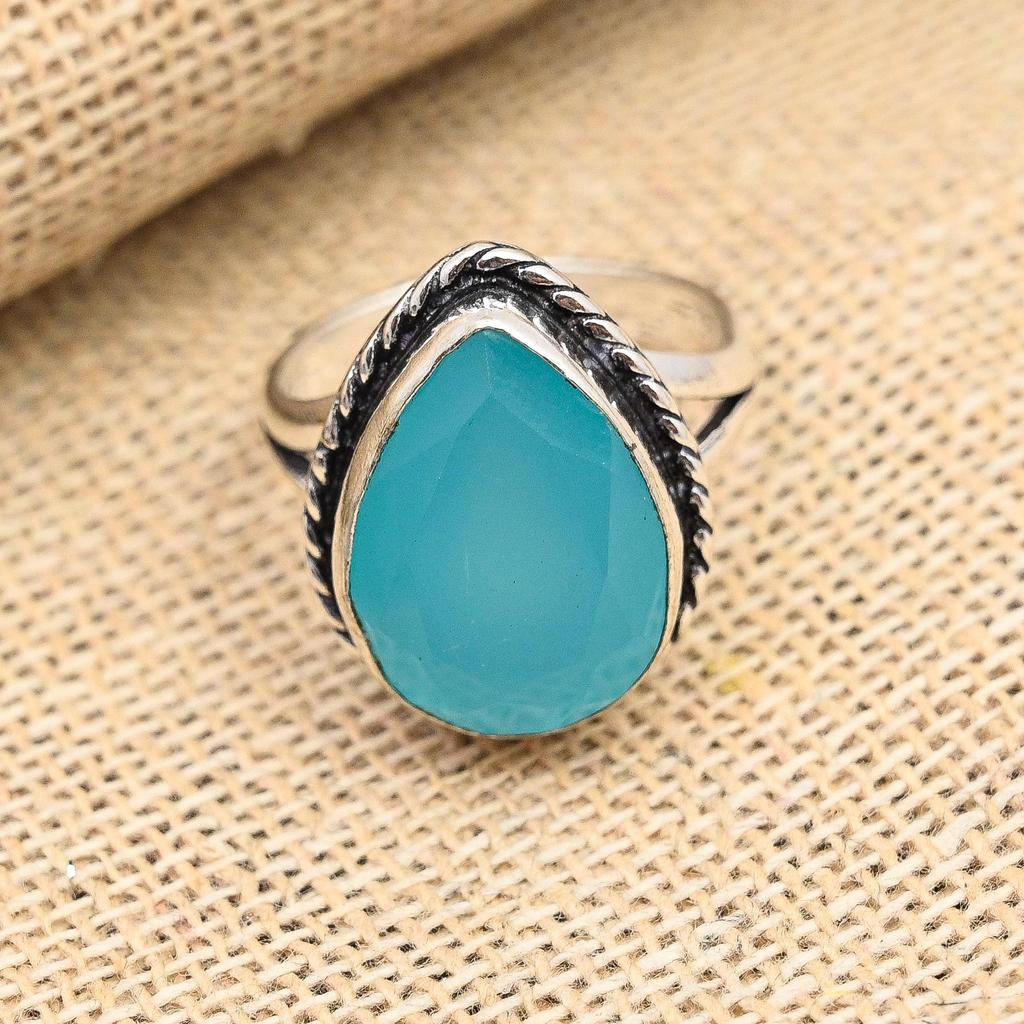 Blue Chalcedony Gemstone Handmade 925 Sterling Silver Ring Jewelry For Love
