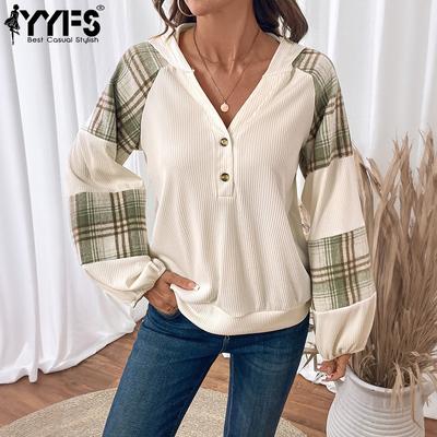 Moda Donna Casual Primavera Autunno Stampa a Quadri Manica Lunga Felpe con Cappuccio & Camicie