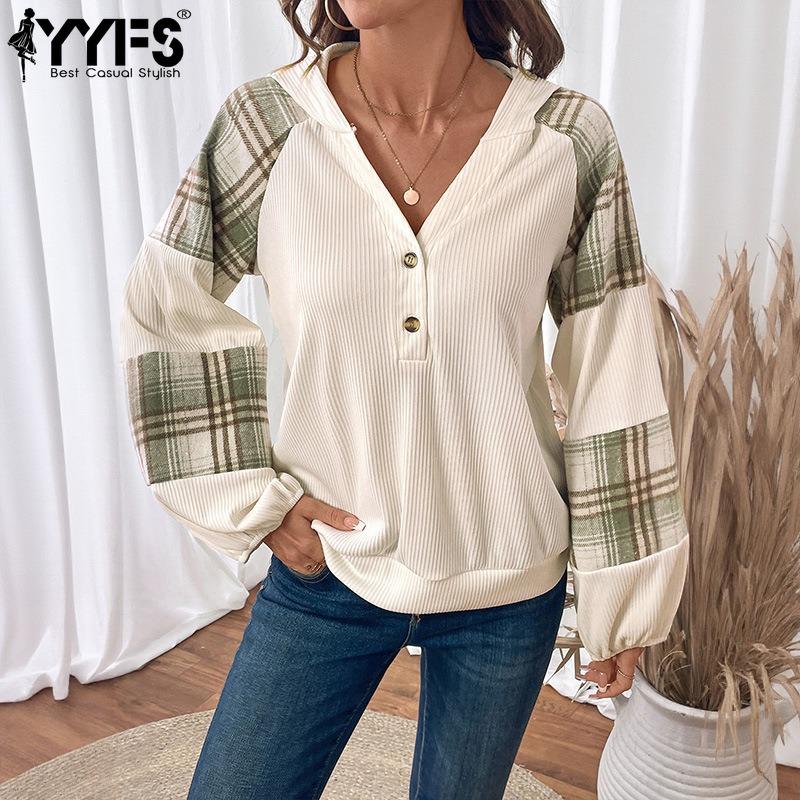 YYFS Women's Fashion Casual Spring Autumn Plaid Print Long Sleeve Hooded Blouses & Shirts