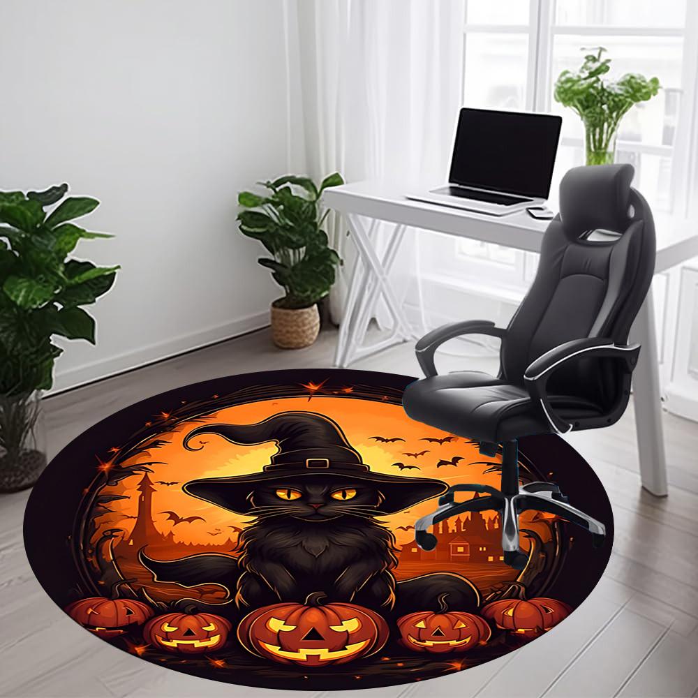 1PC Halloween Cat Office Round Area Rug, Mat Suitable For Office, Under Office Chairs Bedroom Living Room Home Decor, Room Deco