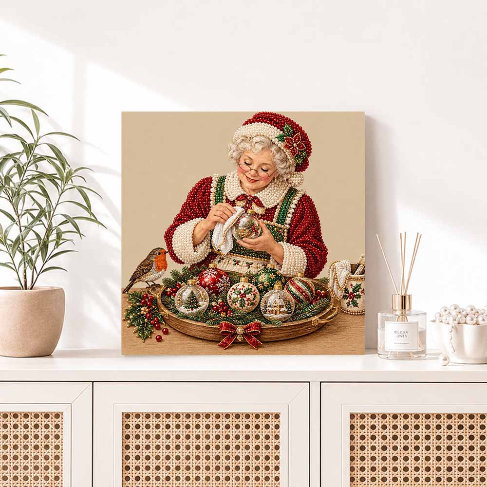 DIY Mrs. Claus Christmas Pearl Diamond Painting Art Kit with Frame. Home Wall Decor Craft Kit. Wall Decoration Gift