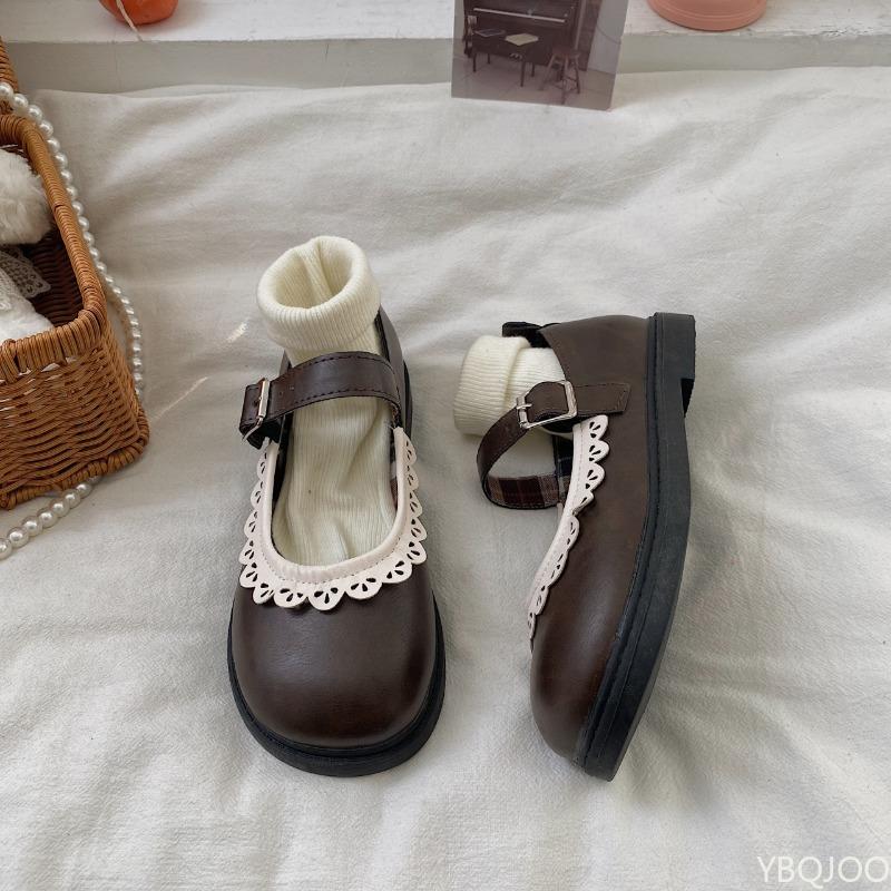Fashion Fashionable versatile Retro sweet women flat shoes minimalist comfortable Vintage Black Brown Round Toe soft-soled shoes