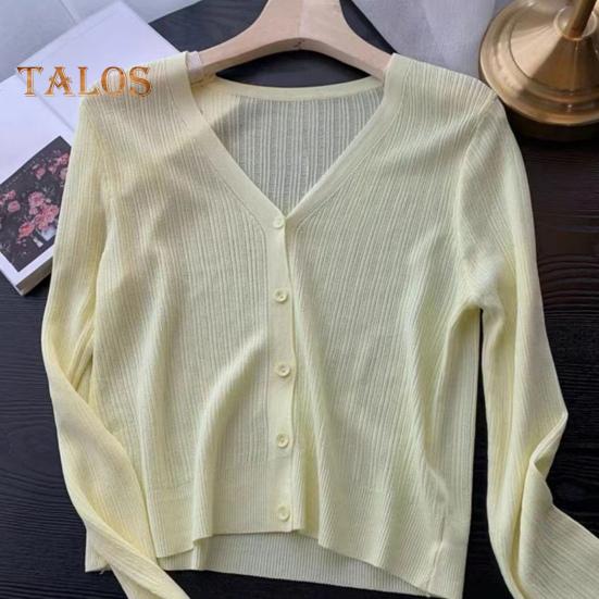 Sun Knit Cardigan for Women Long Sleeve V-Neck Button Up Thin Ice Silk Coat Summer Ribbed Cropped Top for Outdoor Travel Work Beach