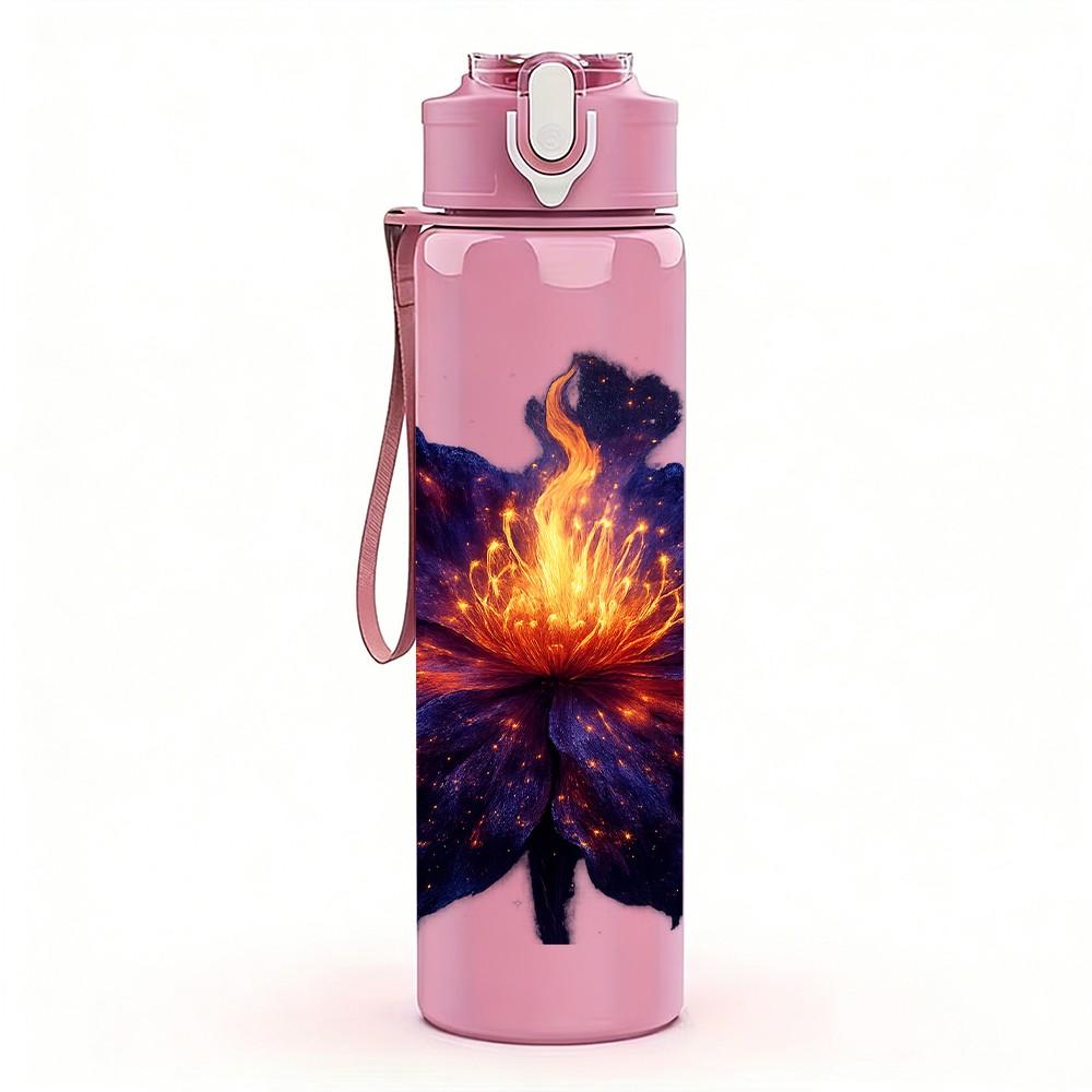 1PC Dark Purple Glowing Fantasy Night Flower Print 750ml Color Plastic Sports Water Bottle Leakproof Flip Straw Lid Suitable for Sports Office Use