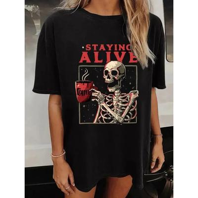 Women's T-shirt Halloween Casual Crew Neck Vintage Skull Print Short Sleeve Loose Fashion T-shirt