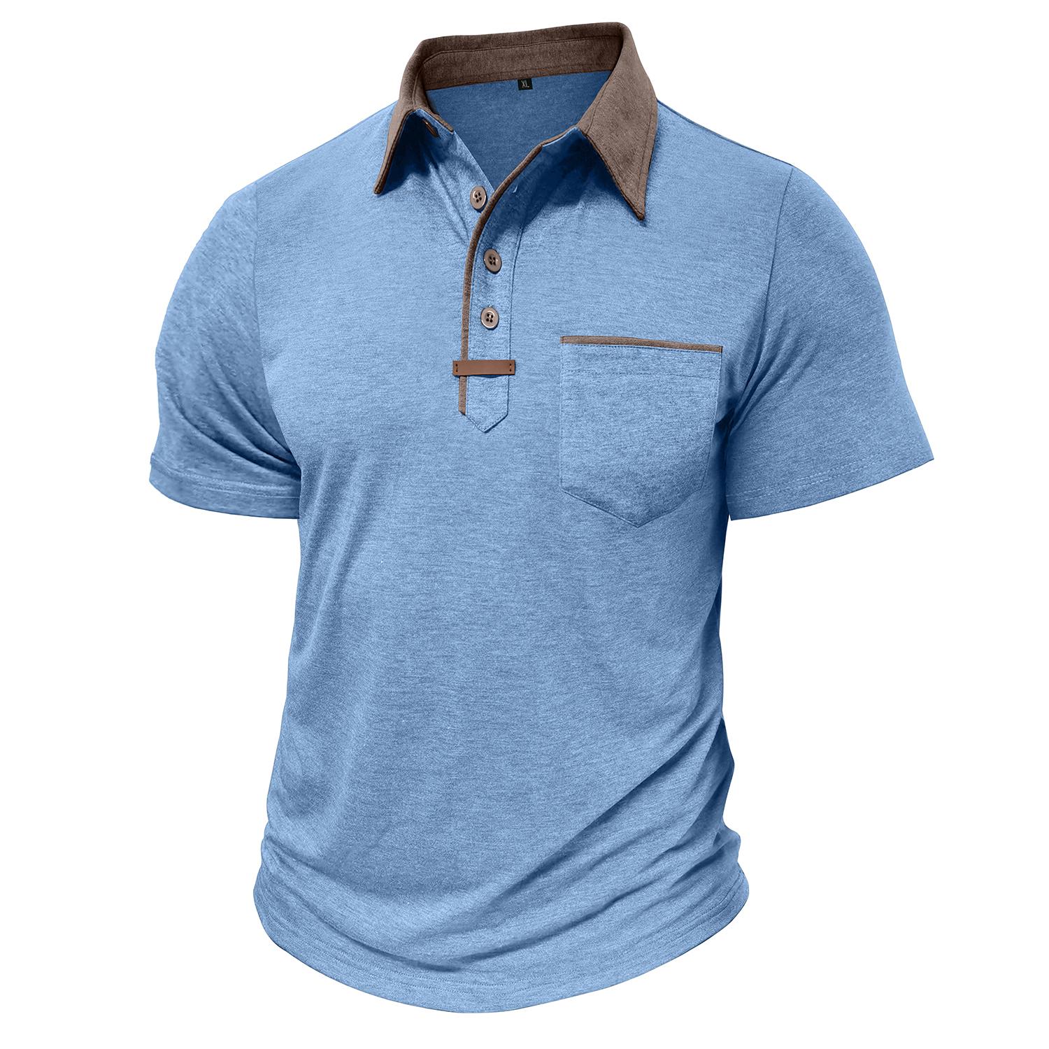 Bright Deer Heren T-shirts met korte mouwen Poloshirts met reverskraag en kleurblokkering Borstzak Zomertops Casual kleding 2XL hemelsblauwe kleur