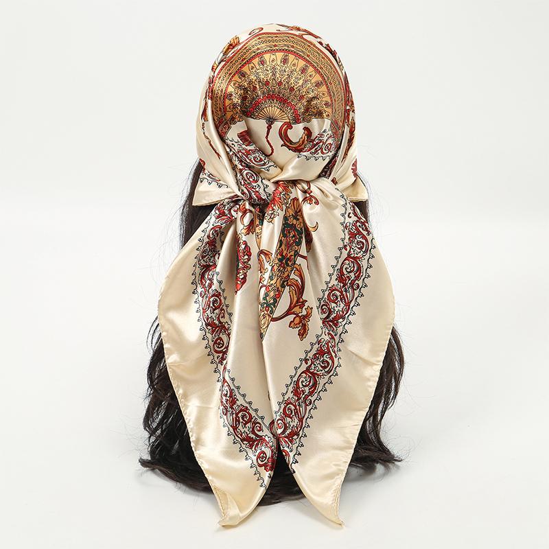 Satin Square Scarf Women Muslim Hijab Elegant  Print Silk Neckerchief Shawl Wraps Headband Handle Hair Accessories Bandana