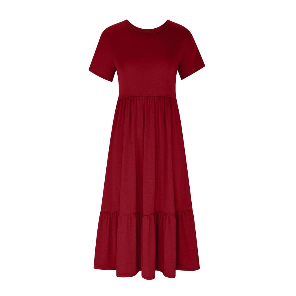 Women’s Short Sleeve Crew Neck Tiered Maxi Dress with Pockets Casual Loose Fit Soft Fabric Flowy Summer Dress