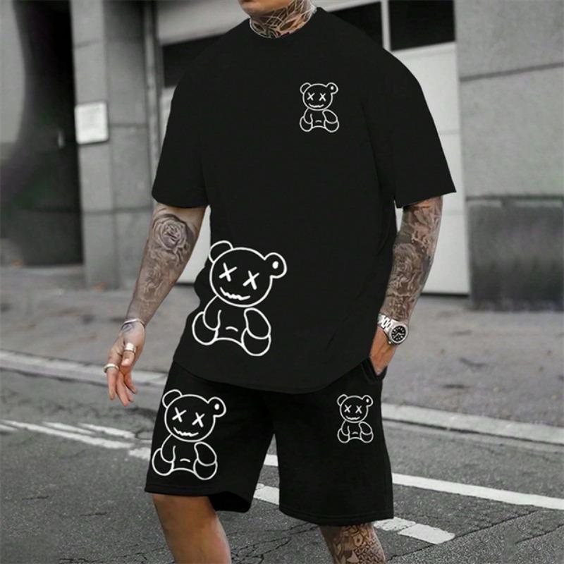 

2025 Fun Bear Harajuku футболка мужская летняя свободная повседневная пара костюм для улицы шорты с коротким рукавом двухсекционный мужской летний костюм XL