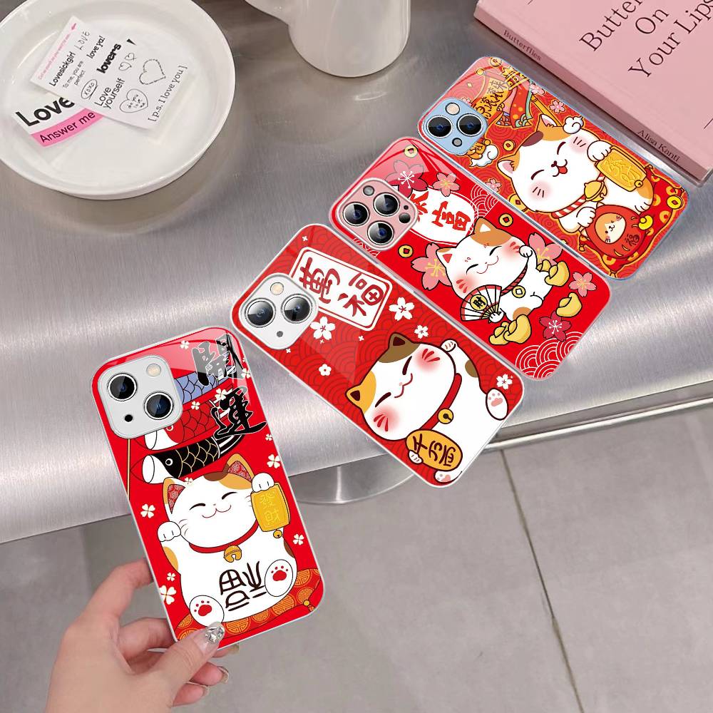 Maneki Neko Lucky Money Cat Tempered Glass For Iphone 14 13 12 11 Pro Mini XS MAX 14Plus X XS XR Cover