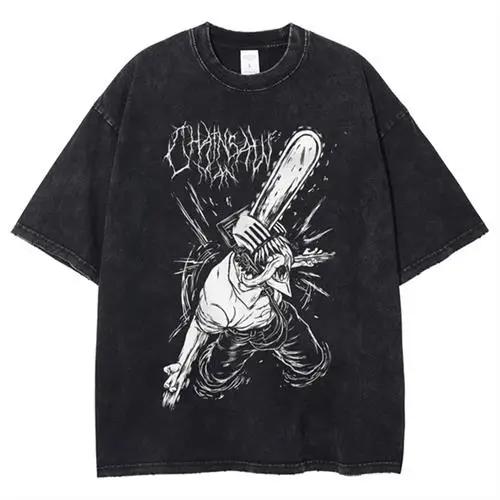 Hot Anime Graphic T-shirt Chainsaw Man Vintage Washed T Shirt for Short Sleeve Oversized T-shirt Top Clothing Tshirt